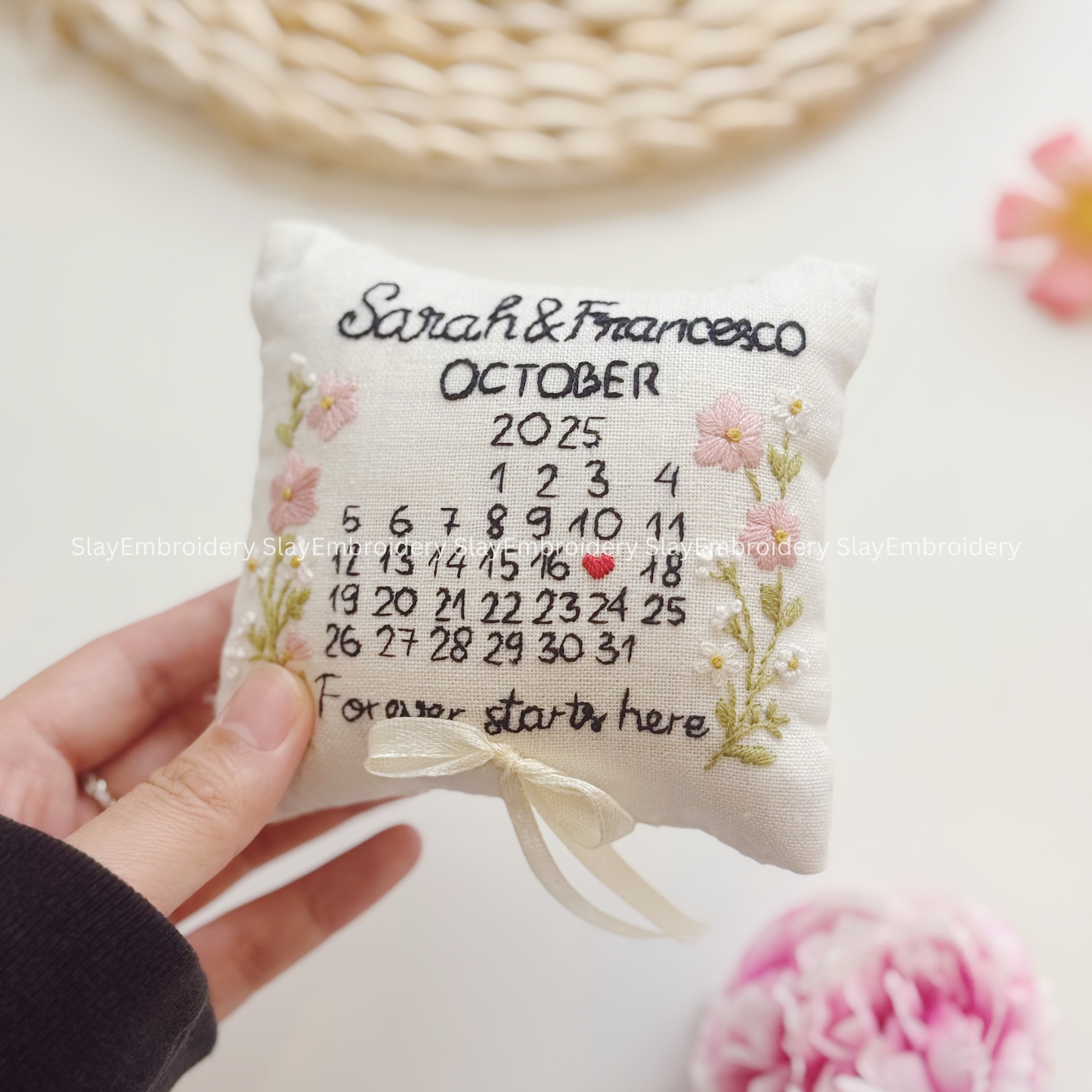 Custom Rosy Blooming Bearer Pillow Linen Wedding Cushion Hand Embroidery Ring Holder Floral Ring Pillow Wedding Gift