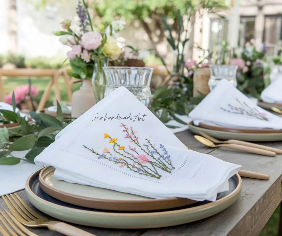 Set 10 Embroidered Linen Napkins – Wildflower Bouquet Design | 100% Linen Cloth Napkins | Wedding, Housewarming, Wedding Gift