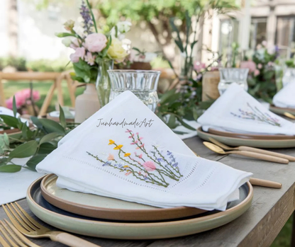Set 10 Embroidered Linen Napkins – Wildflower Bouquet Design | 100% Linen Cloth Napkins | Wedding, Housewarming, Wedding Gift