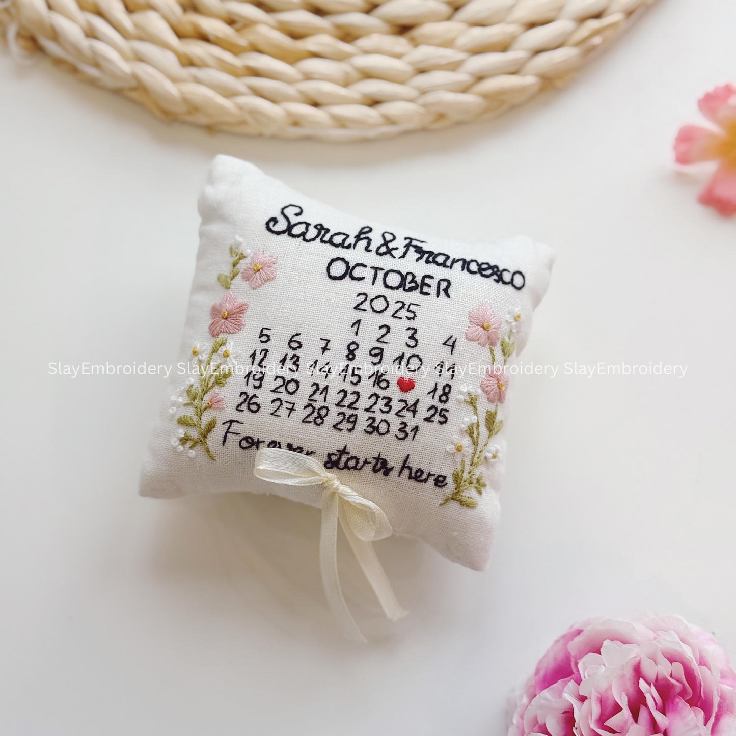 Custom Rosy Blooming Bearer Pillow Linen Wedding Cushion Hand Embroidery Ring Holder Floral Ring Pillow Wedding Gift