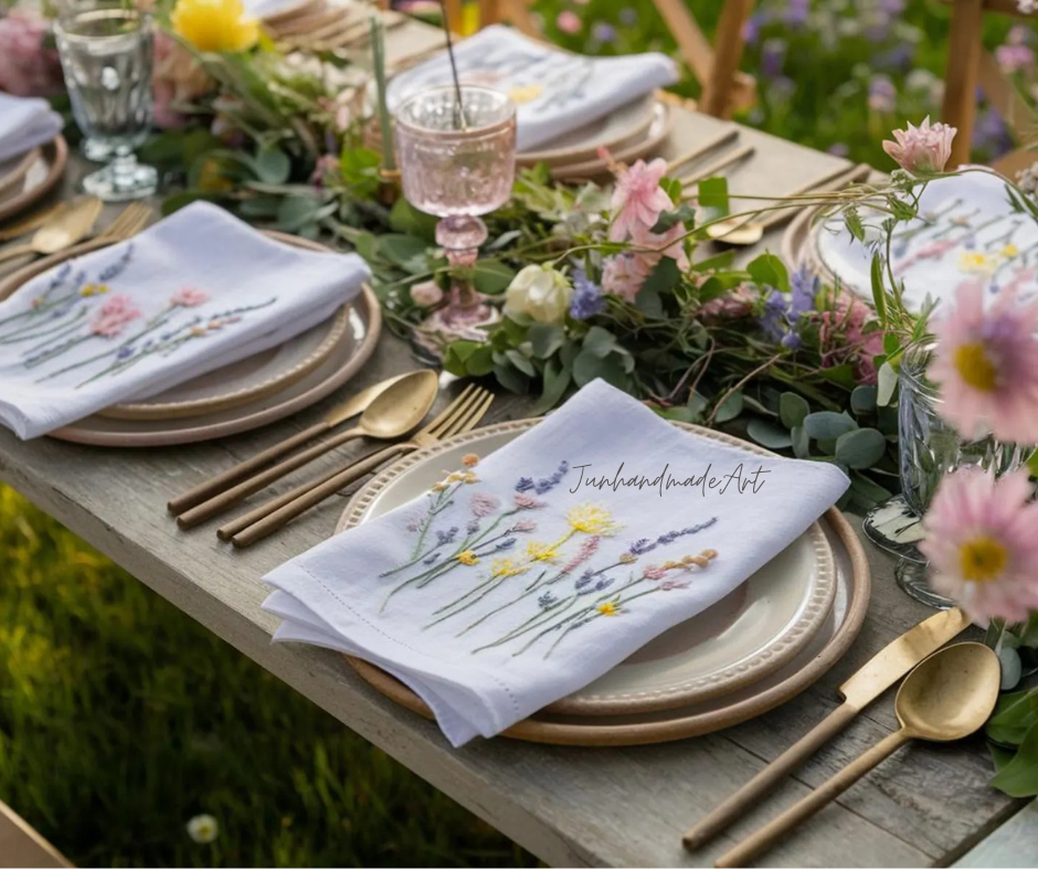 Set 10 Embroidered Linen Napkins – Wildflower Bouquet Design | 100% Linen Cloth Napkins | Wedding, Housewarming, Wedding Gift