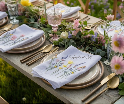 Set 10 Embroidered Linen Napkins – Wildflower Bouquet Design | 100% Linen Cloth Napkins | Wedding, Housewarming, Wedding Gift