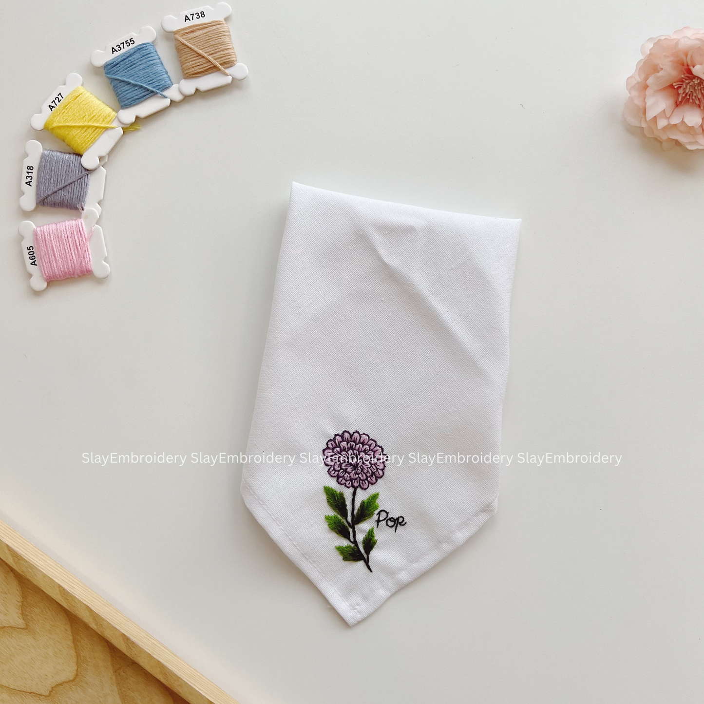 Dahlia Bloom Wedding Handkerchief, Custom Embroidered Handkerchief