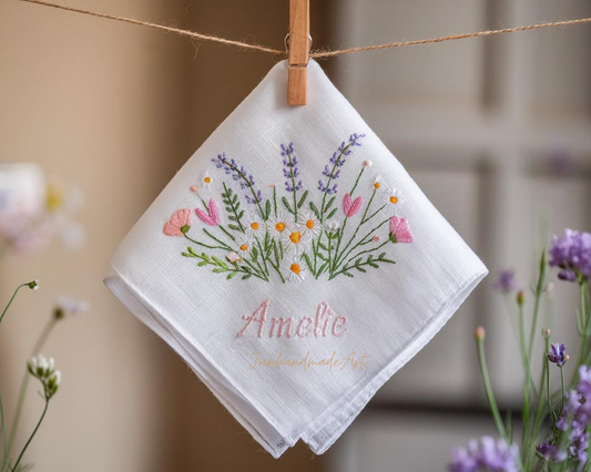 Embroidered Wedding Handkerchief – Custom Floral Hankie for Bride, Bridal Gift, Personalized with Name & Date, Gift for Bride