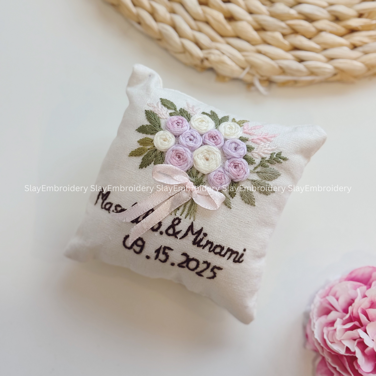 Custom Pastel Rose Bouquet Bearer Pillow Linen Wedding Cushion Hand Embroidery Ring Holder Floral Ring Pillow Wedding Gift