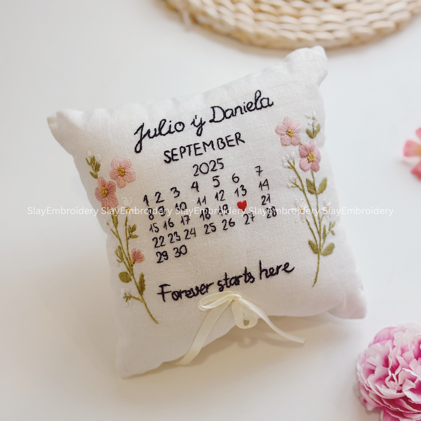 Custom Rosy Blooming Bearer Pillow Linen Wedding Cushion Hand Embroidery Ring Holder Floral Ring Pillow Wedding Gift