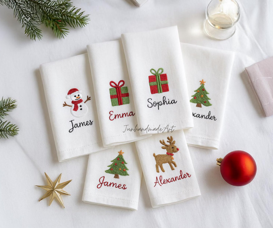 Set 6 Embroidered Linen Christmas Napkins – Christmas Bouquet Design | 100% Linen Cloth Napkins | Christmas, Housewarming, Christmas Gift