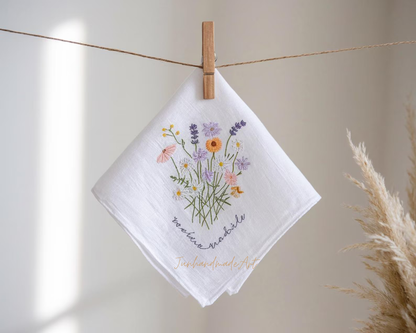 Embroidered Wedding Handkerchief – Custom Floral Hankie for Bride, Bridal Gift, Personalized with Name & Date, Gift for Bride