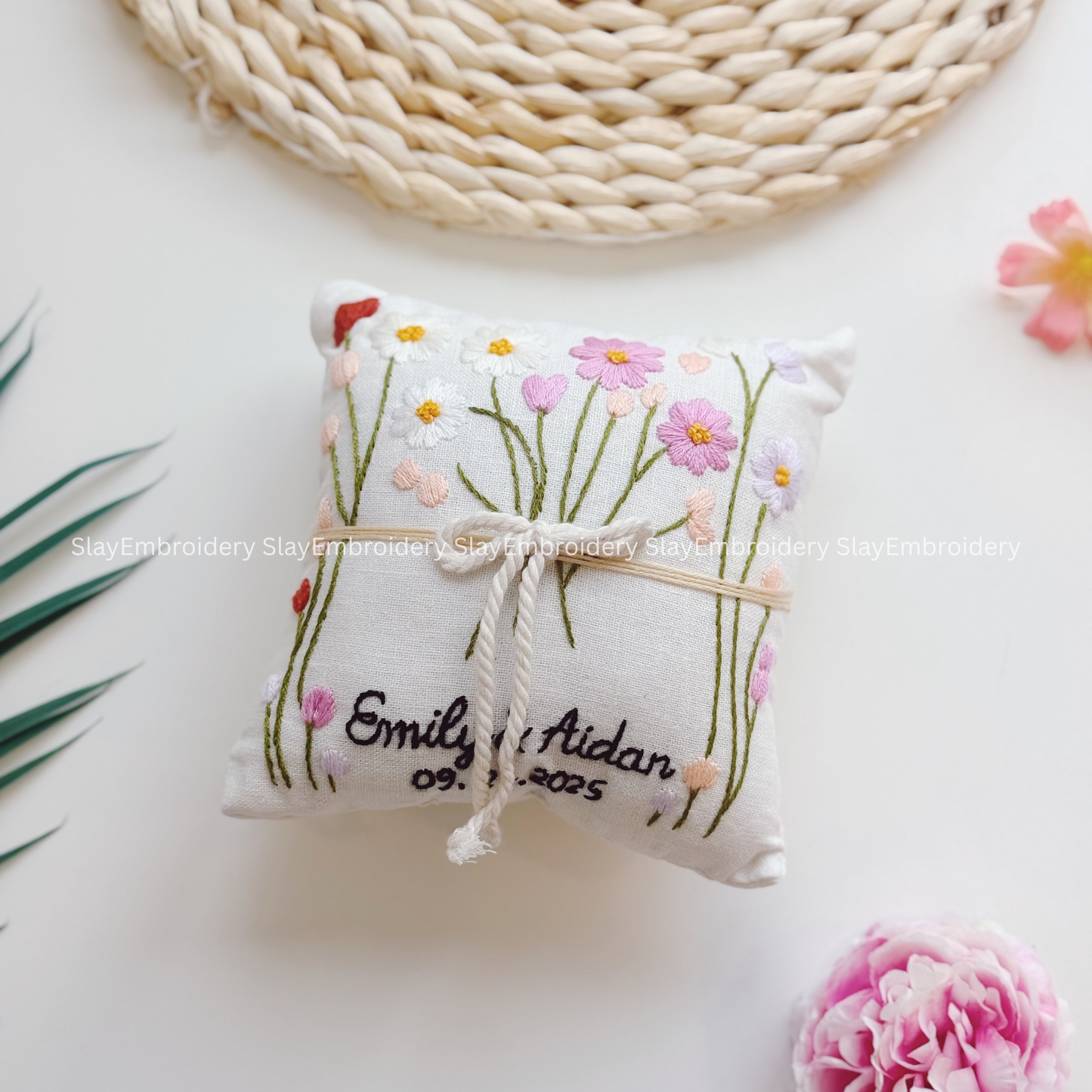 Custom Pink Blossoms Ring Bearer Pillow Linen Wedding Cushion Hand Embroidery Ring Holder Floral Ring Pillow Wedding Gift