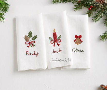 Set 3 Embroidered Linen Christmas Napkins – Christmas Bouquet Design | 100% Linen Cloth Napkins | Christmas, Housewarming, Christmas Gift