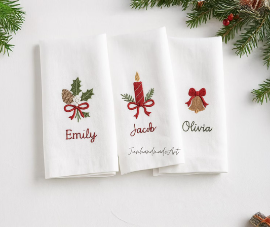 Set 3 Embroidered Linen Christmas Napkins – Christmas Bouquet Design | 100% Linen Cloth Napkins | Christmas, Housewarming, Christmas Gift