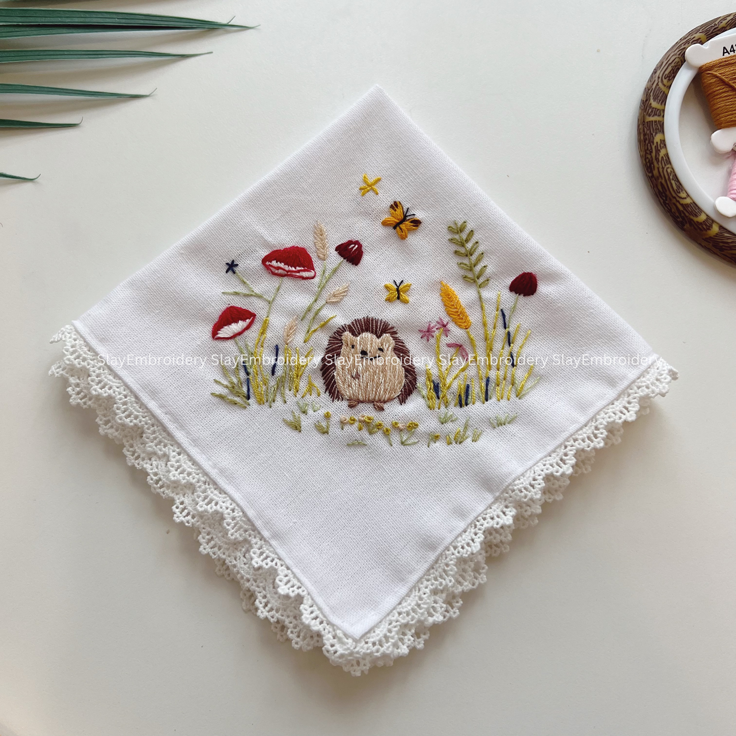 Hedgehog & Mushroom Wedding Handkerchief, Custom Embroidered Handkerchief, Linen Handkerchiefs
