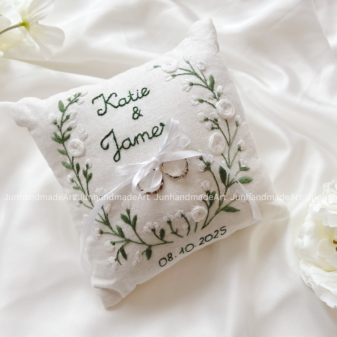 Fresh Twig Bearer Pillow Linen Wedding Cushion Hand Embroidery Ring Holder Floral Ring Pillow Wedding Gift