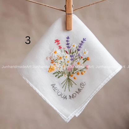 Embroidered Wedding Handkerchief – Custom Floral Hankie for Bride, Bridal Gift, Personalized with Name & Date, Gift for Bride