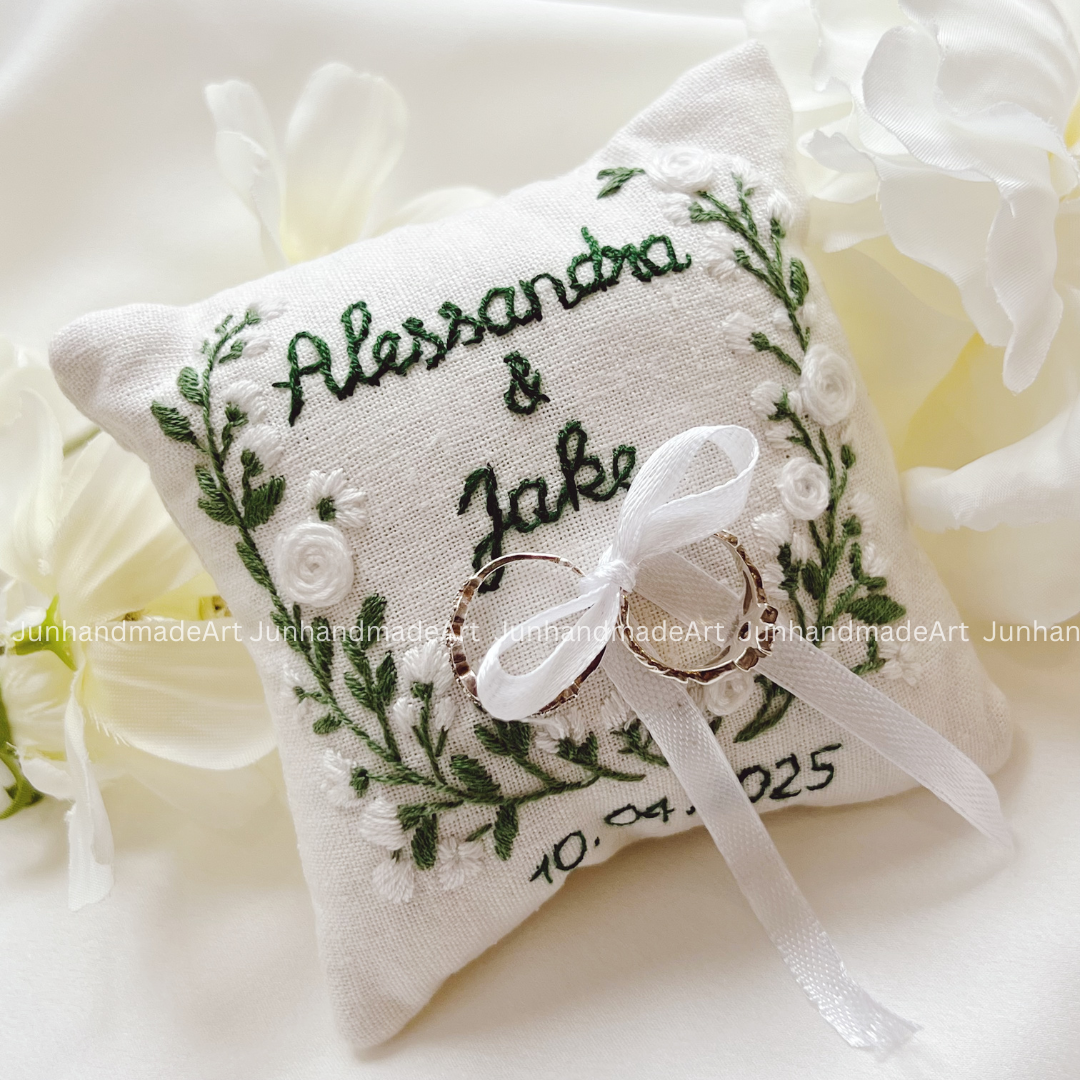 Fresh Twig Bearer Pillow Linen Wedding Cushion Hand Embroidery Ring Holder Floral Ring Pillow Wedding Gift