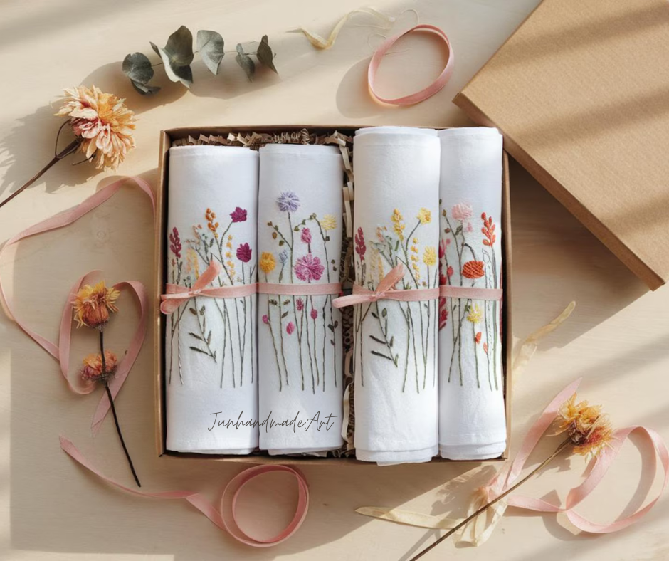 Set 4 Embroidered Linen Napkins – Wildflower Bouquet Design | 100% Linen Cloth Napkins | Wedding, Housewarming, Wedding Gift