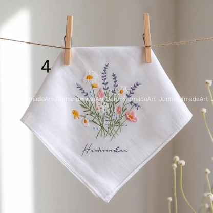 Embroidered Wedding Handkerchief – Custom Floral Hankie for Bride, Bridal Gift, Personalized with Name & Date, Gift for Bride