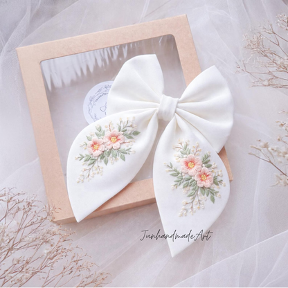 Personalized Linen Hair Bow – Hand Embroidered Flower Bow with Pattern – Custom Name Text Bow for Girls, Handmade Hairpin Bow for Girl