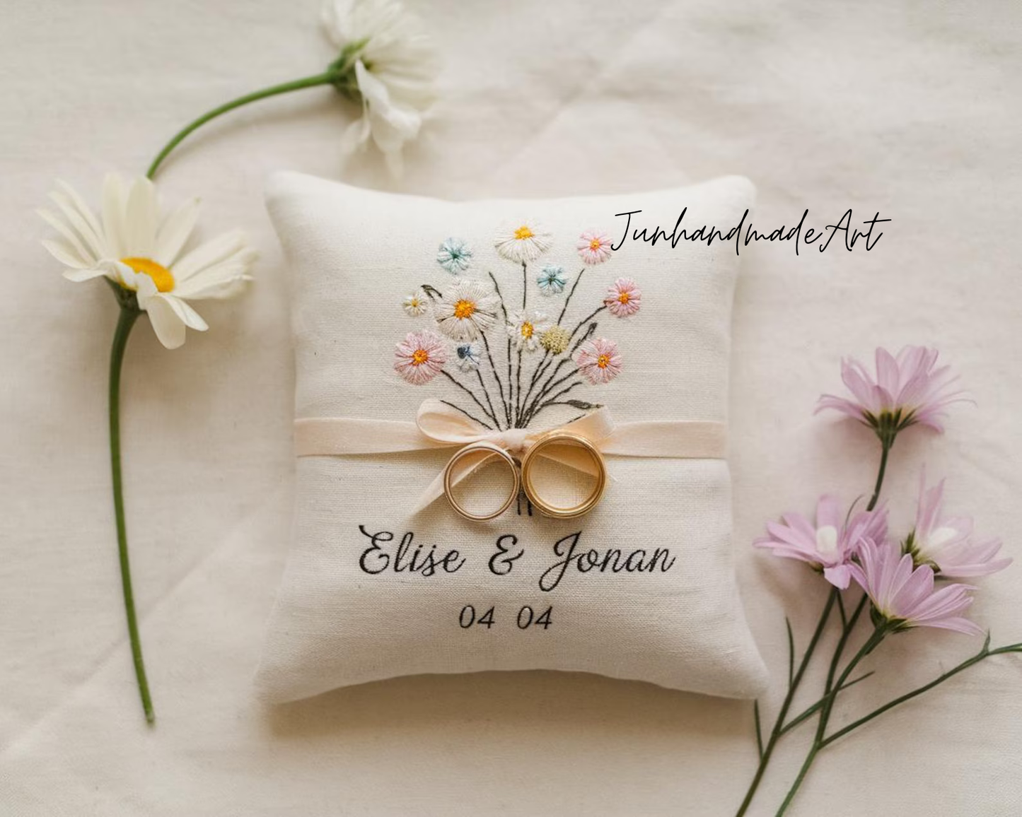 Personalized Embroidered Ring Bearer Pillow, Custom Linen Wedding Cushion, Hand Embroidery Ring Holder, Floral Ring Pillow, Wedding Gift