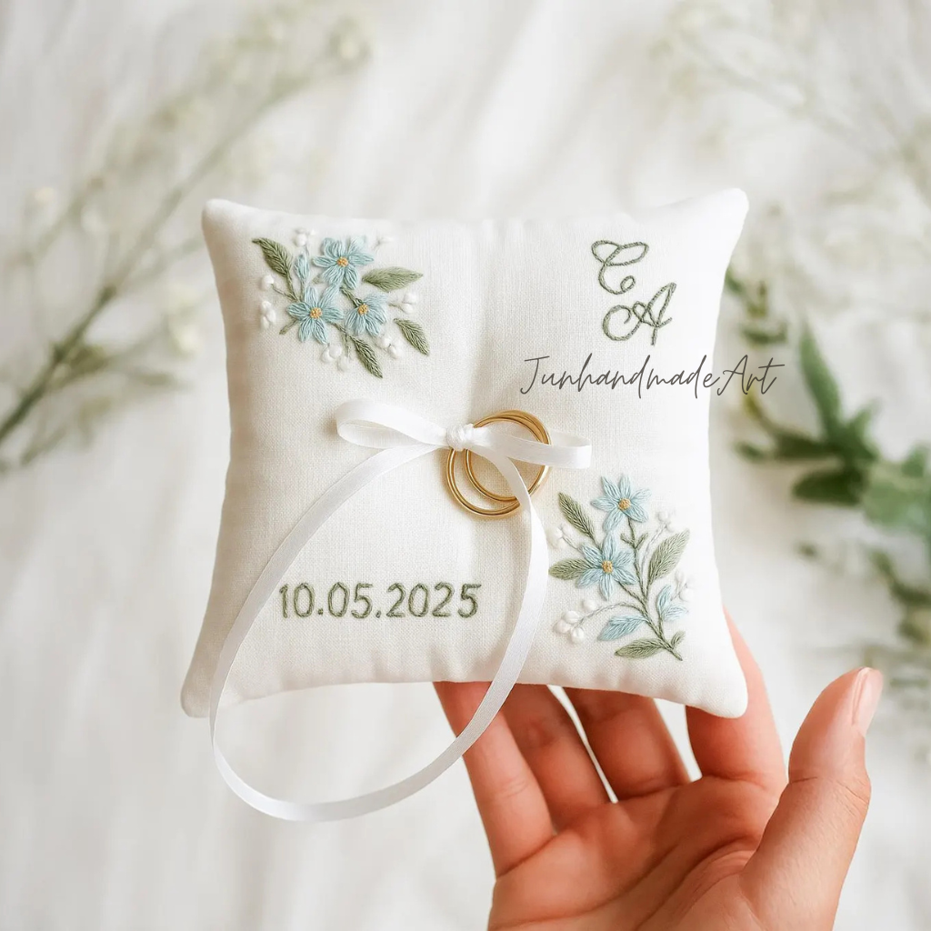 Personalized Embroidered Ring Bearer Pillow, Custom Linen Wedding Cushion, Hand Embroidery Ring Holder, Floral Ring Pillow, Wedding Gift