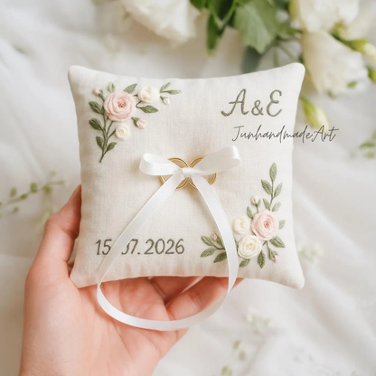 Personalized Embroidered Ring Bearer Pillow, Custom Linen Wedding Cushion, Hand Embroidery Ring Holder, Floral Ring Pillow, Wedding Gift