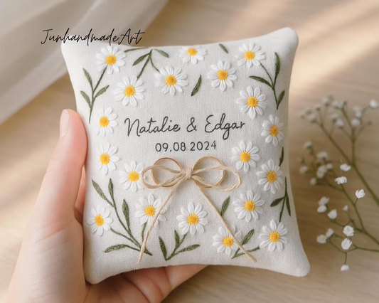 Personalized Embroidered Ring Bearer Pillow, Custom Linen Wedding Cushion, Hand Embroidery Ring Holder, Floral Ring Pillow, Wedding Gift