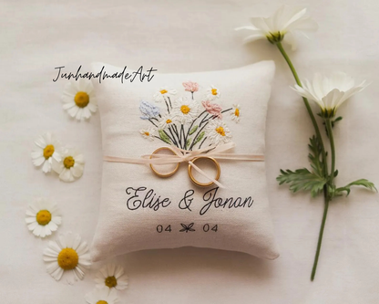 Personalized Embroidered Ring Bearer Pillow, Custom Linen Wedding Cushion, Hand Embroidery Ring Holder, Floral Ring Pillow, Wedding Gift