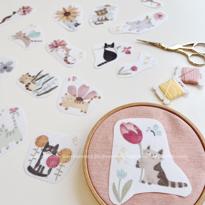 Cat & Flower Embroidery Pattern For Beginner Easy To Use Stick and Stitch