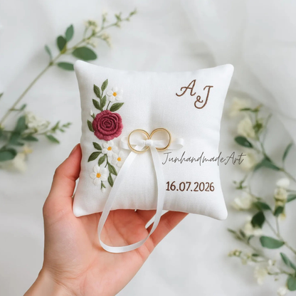 Personalized Embroidered Ring Bearer Pillow, Custom Linen Wedding Cushion, Hand Embroidery Ring Holder, Floral Ring Pillow, Wedding Gift