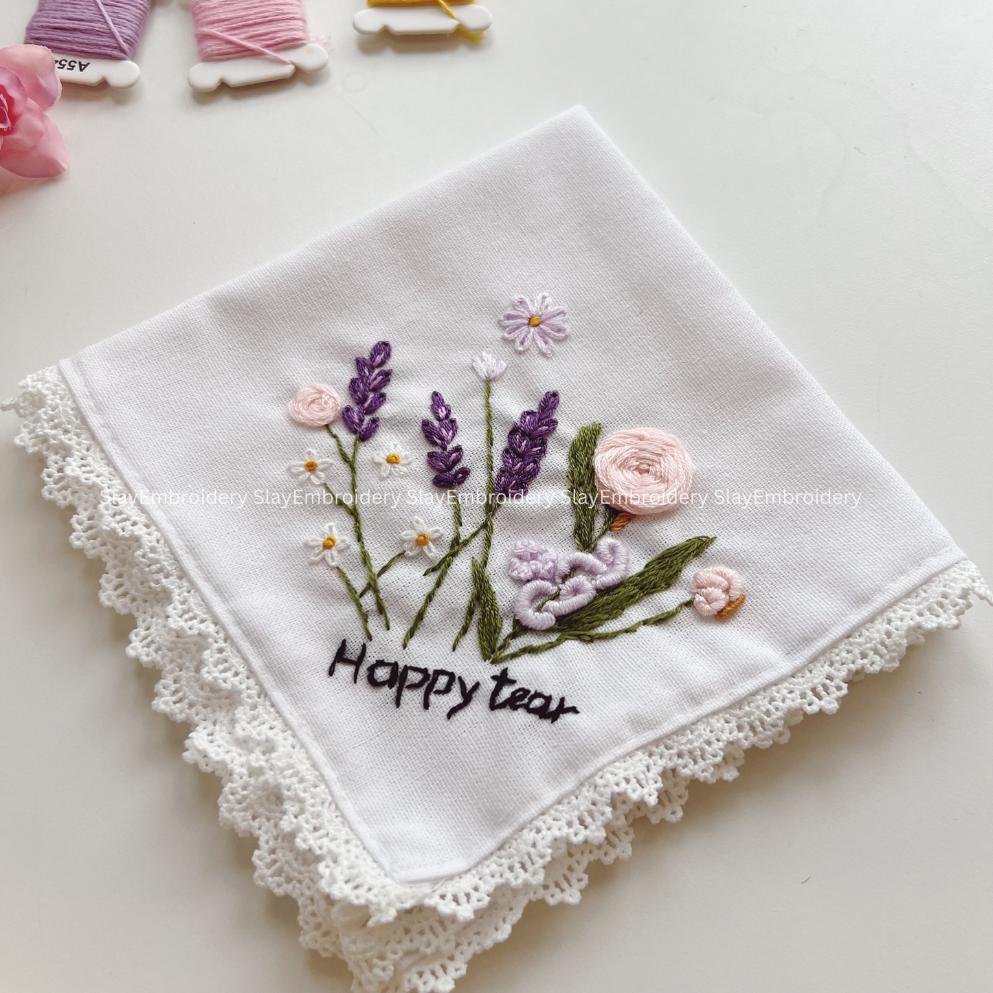Rose & Lavender Wedding Handkerchief, Custom Embroidered Handkerchief, Linen Handkerchiefs