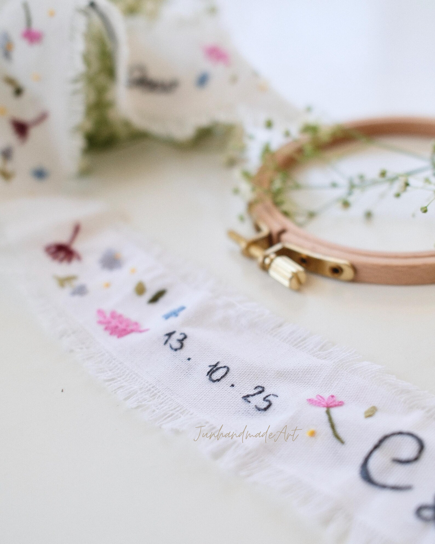 Personalized Embroidered Wedding Ribbon – Custom Linen Tie for Bouquet or Hair, Hand-stitched with Names & Date, Bridal Keepsake Gift
