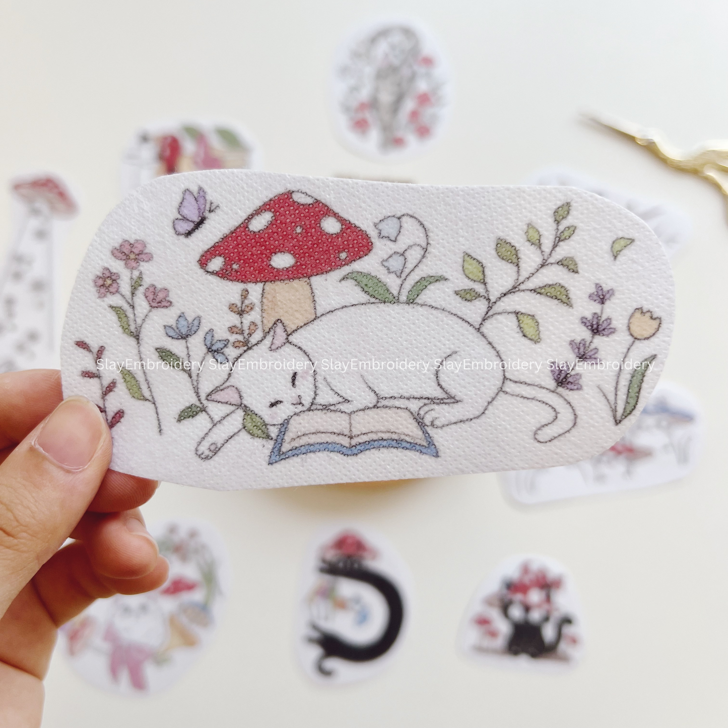 Cat & Mushroom Embroidery Pattern For Beginner Easy To Use Stick and Stitch