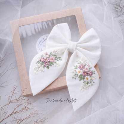 Personalized Linen Hair Bow – Hand Embroidered Flower Bow with Pattern – Custom Name Text Bow for Girls, Handmade Hairpin Bow for Girl