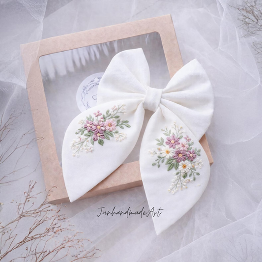 Personalized Linen Hair Bow – Hand Embroidered Flower Bow with Pattern – Custom Name Text Bow for Girls, Handmade Hairpin Bow for Girl