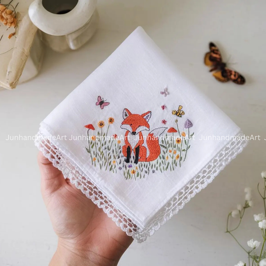 Custom Embroidered Fox Handkerchief, Ladies Embroidery Handkerchief, Linen Handkerchiefs, Custom Women Floral Handkerchiefs