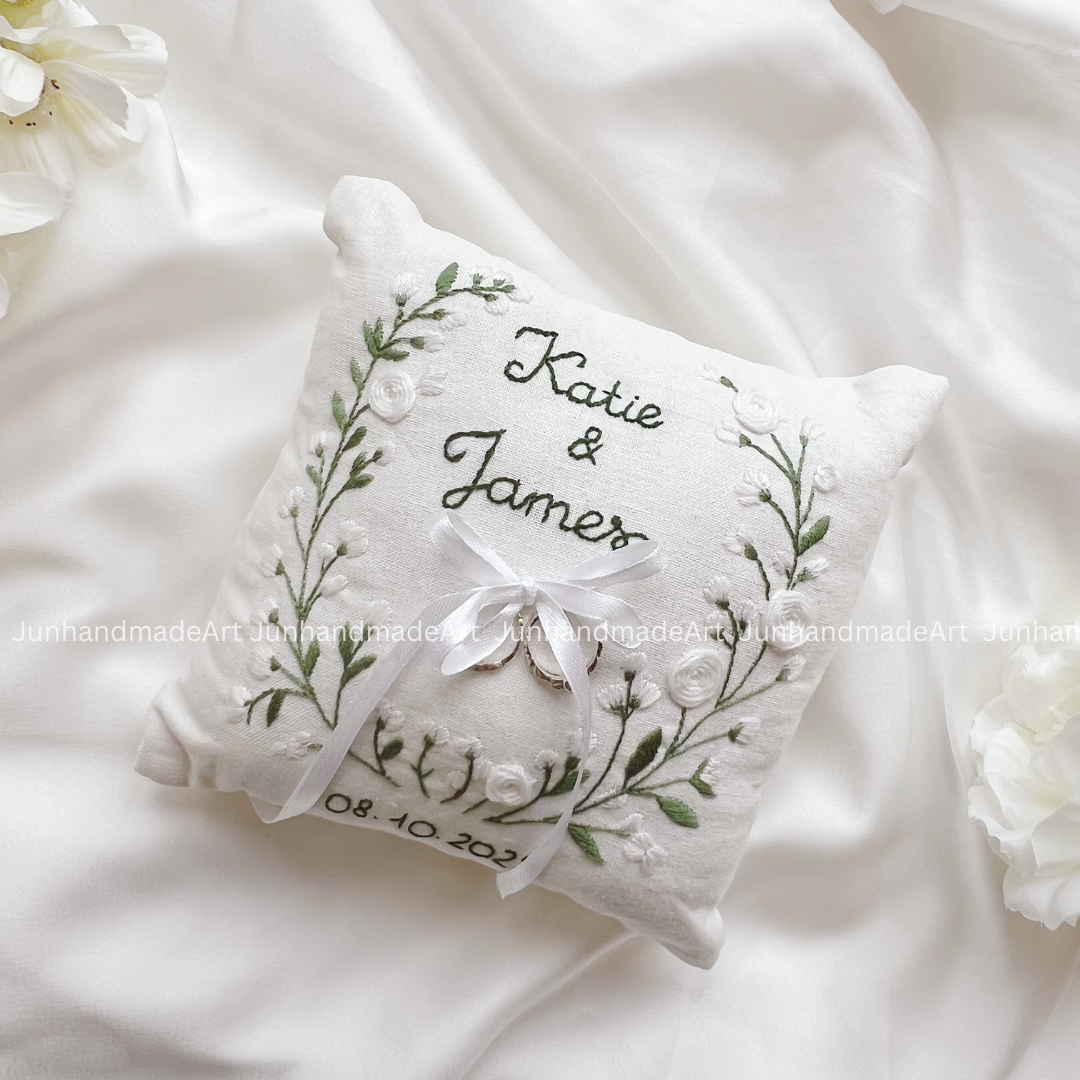 Fresh Twig Bearer Pillow Linen Wedding Cushion Hand Embroidery Ring Holder Floral Ring Pillow Wedding Gift