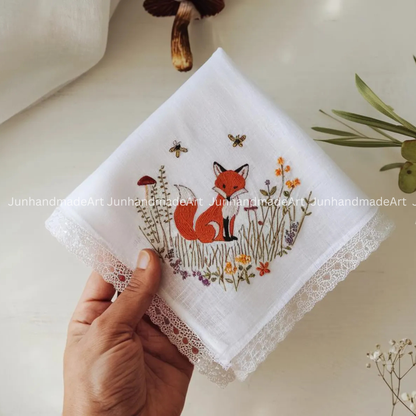 Custom Embroidered Fox Handkerchief, Ladies Embroidery Handkerchief, Linen Handkerchiefs, Custom Women Floral Handkerchiefs