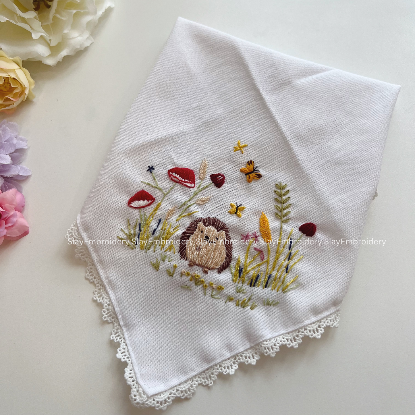 Hedgehog & Mushroom Wedding Handkerchief, Custom Embroidered Handkerchief, Linen Handkerchiefs