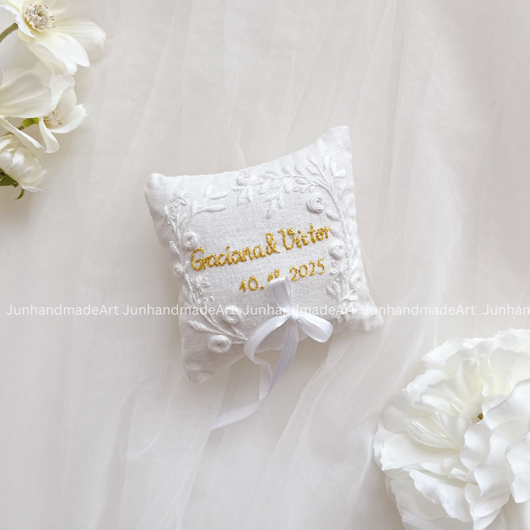 Silky Flower Bearer Pillow Linen Wedding Cushion Hand Embroidery Ring Holder Floral Ring Pillow Wedding Gift