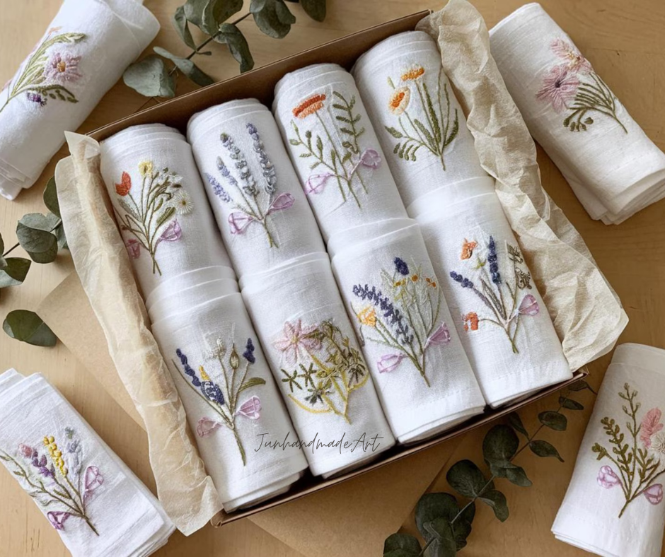Embroidered Linen Napkins – Wildflower Bouquet Design | 100% Linen Cloth Napkins | Wedding, Housewarming, Mother's Day Gift