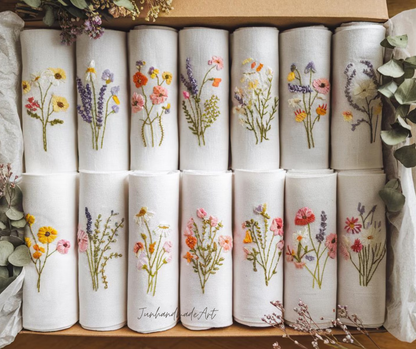 Embroidered Linen Napkins – Wildflower Bouquet Design | 100% Linen Cloth Napkins | Wedding, Housewarming, Mother's Day Gift