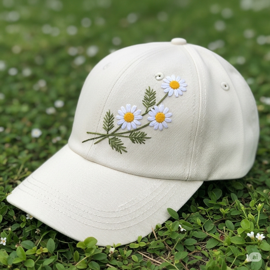 Daisy Flowers Summer Hand Embroidery Hat Vintage Hat Washed Baseball Cap