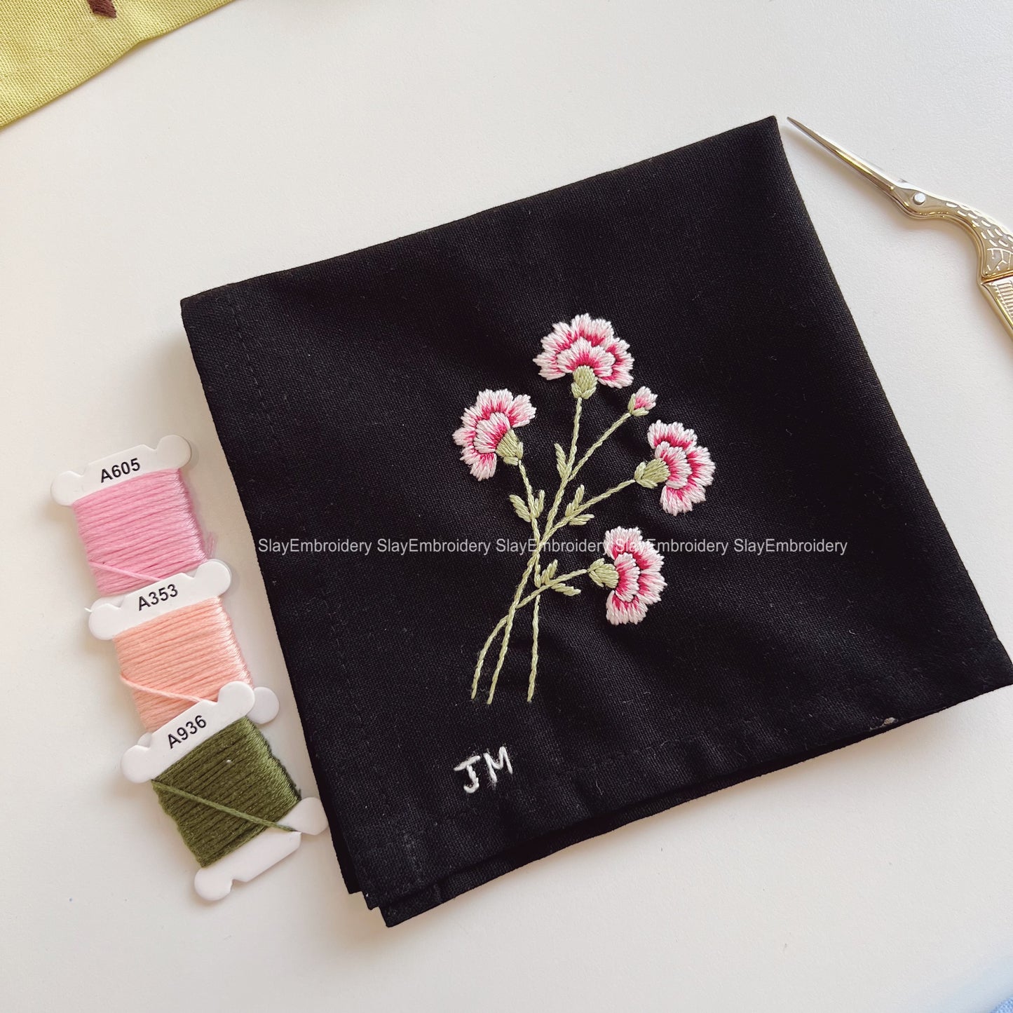 Carnation Flowers Wedding Handkerchief, Custom Embroidered Handkerchief, Linen Handkerchiefs