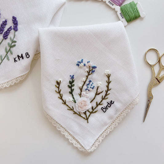 3D Rose Wild Flowers Wedding Handkerchief, Custom Embroidered Handkerchief, Linen Handkerchiefs