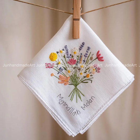Embroidered Wedding Handkerchief – Custom Floral Hankie for Bride, Bridal Gift, Personalized with Name & Date, Gift for Bride