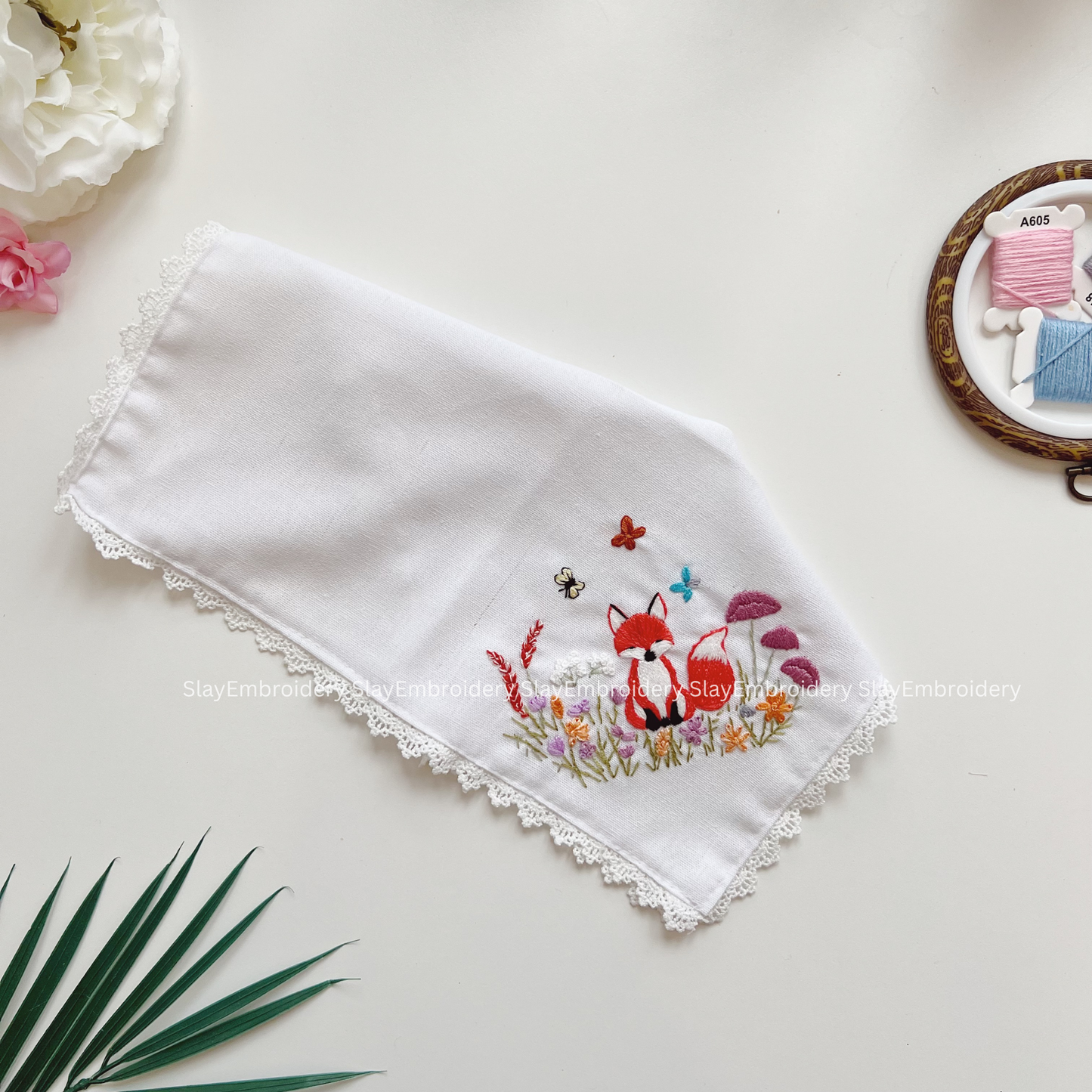 Fox & Flowers Wedding Handkerchief, Custom Embroidered Handkerchief, Linen Handkerchiefs