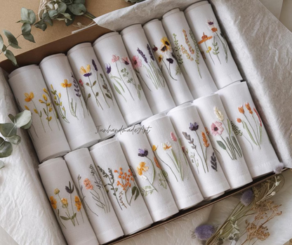 Embroidered Linen Napkins – Wildflower Bouquet Design | 100% Linen Cloth Napkins | Wedding, Housewarming, Mother's Day Gift