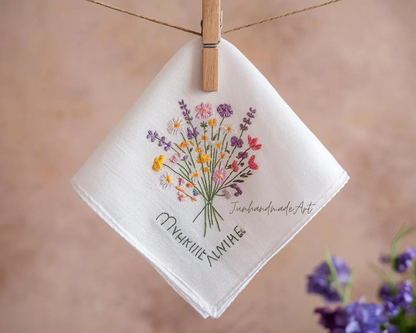 Embroidered Wedding Handkerchief – Custom Floral Hankie for Bride, Bridal Gift, Personalized with Name & Date, Gift for Bride