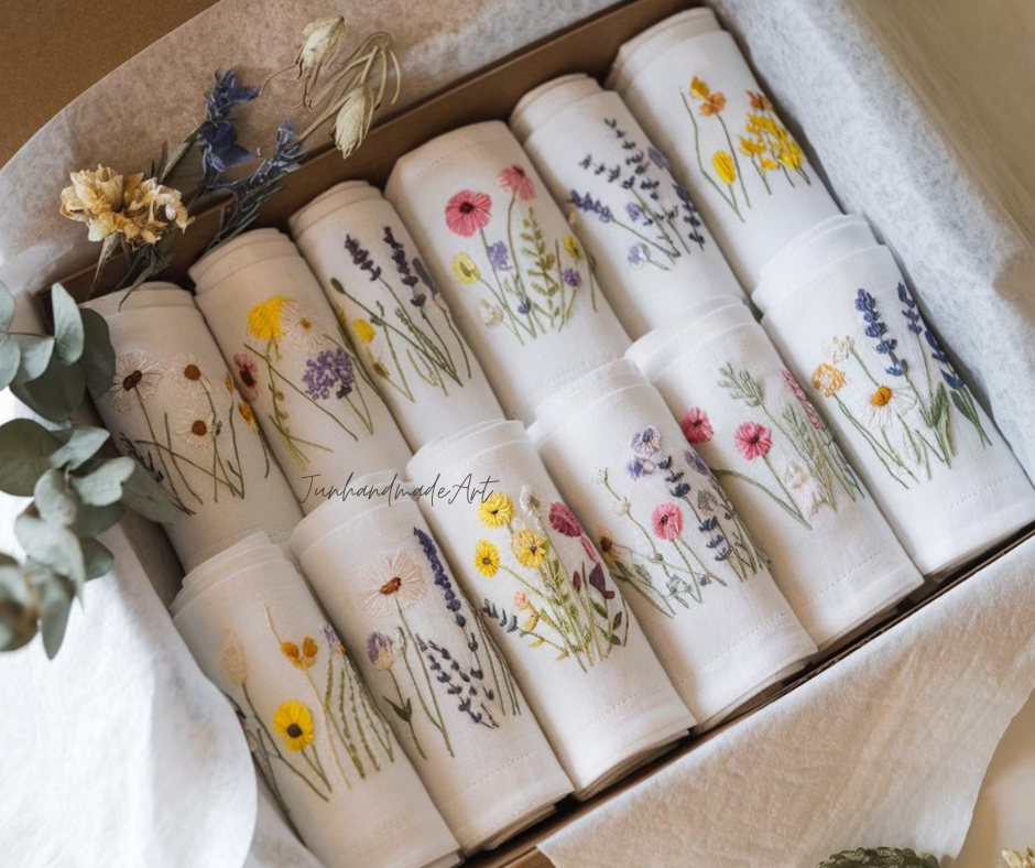 Embroidered Linen Napkins – Wildflower Bouquet Design | 100% Linen Cloth Napkins | Wedding, Housewarming, Mother's Day Gift