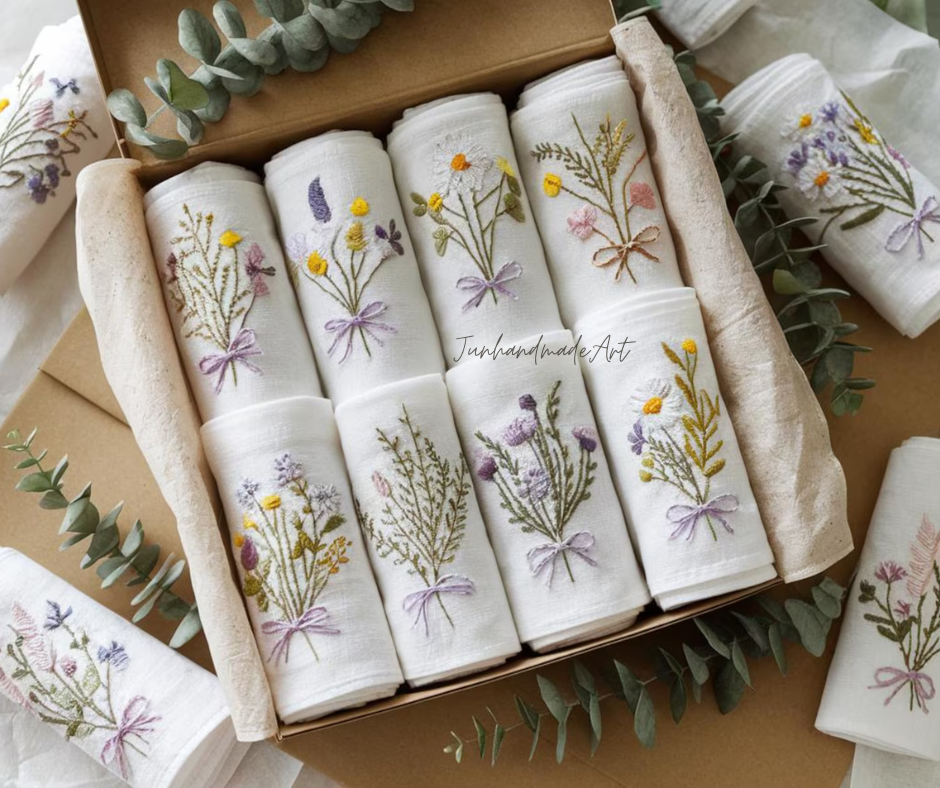 Embroidered Linen Napkins – Wildflower Bouquet Design | 100% Linen Cloth Napkins | Wedding, Housewarming, Mother's Day Gift